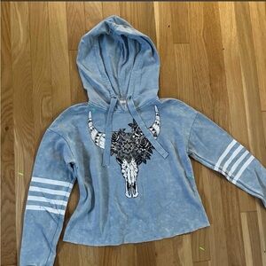 No Boundaries Light Blue Cropped Hooded Sweater with Skull Design